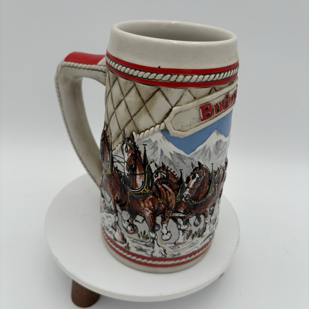 Vintage A Series Budweiser Winter Clydesdales Beer Stein Mug Holiday 1985